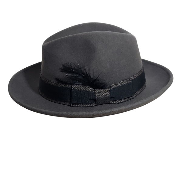 Hats in the Belfry 100% Gray Wool Fedora Black bow hatband and feather - Picture 11 of 15